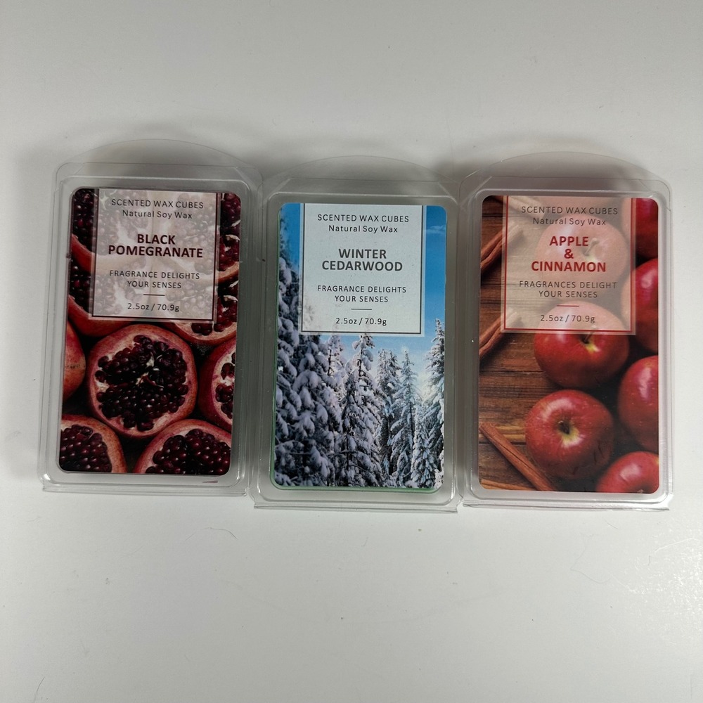 Set of 3 Natural Soy Wax Scented Cubes Black Pomegranate Cedar Apple Cinnamon